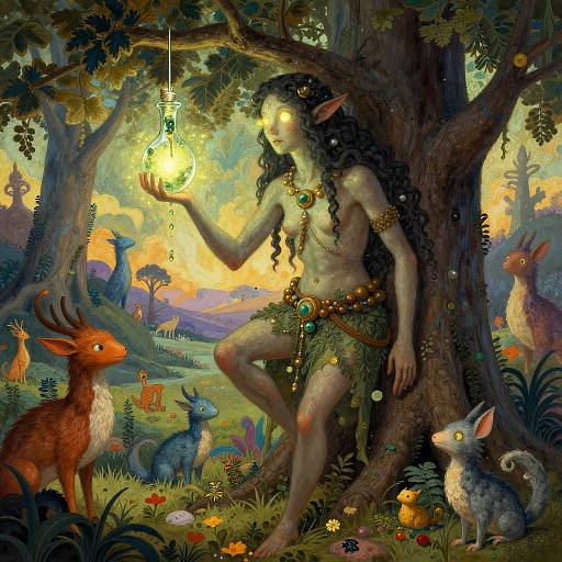 Digital fantasy artwork of a glowing-eyed, green-skinned elf with long black hair, wearing leafy loincloth, holding a glowing bulb, surrounded