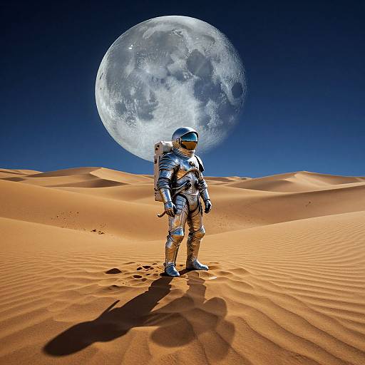 Photorealistic CGI: Astronaut in silver spacesuit with reflective helmet stands on desert sand dunes under a massive, bright full moon in clear blue