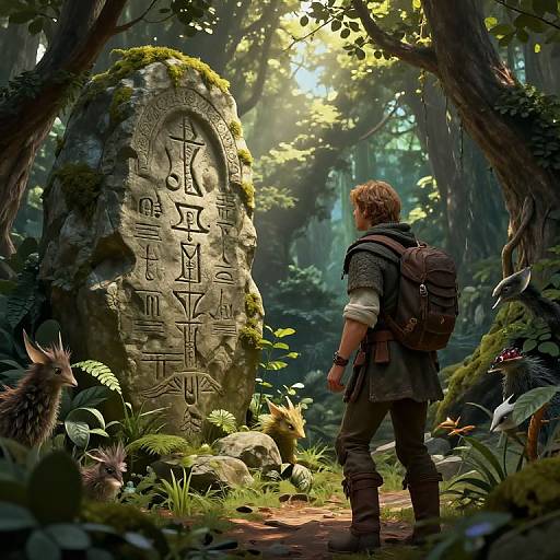 Fantasy forest scene: a young man with blonde hair and a backpack stands before a moss-covered, ancient stone with mysterious carvings, sunlight filtering
