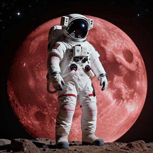 Photograph-style CGI of an astronaut in a white spacesuit with red accents standing on a rocky surface, facing a large, glowing red moon in a