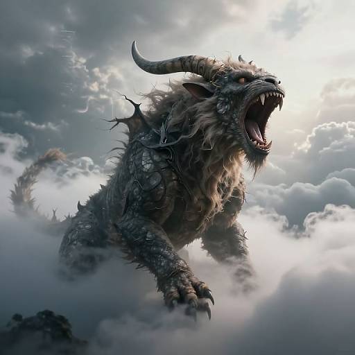 Digital artwork of a roaring, horned, dragon-like creature with dark, scaly fur and sharp claws emerging from cloudy sky, glowing sunlight behind.