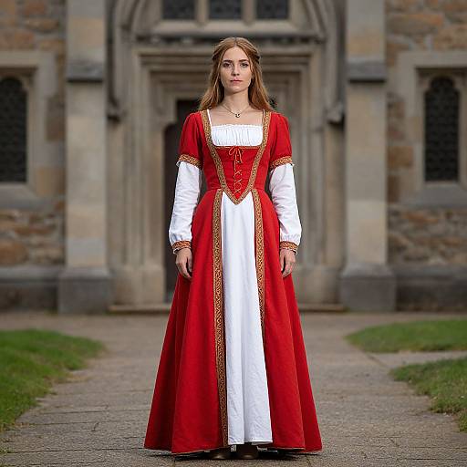 Photograph of a young woman with long brown hair, wearing a red and white medieval-style gown with gold trim, standing in front of a stone building