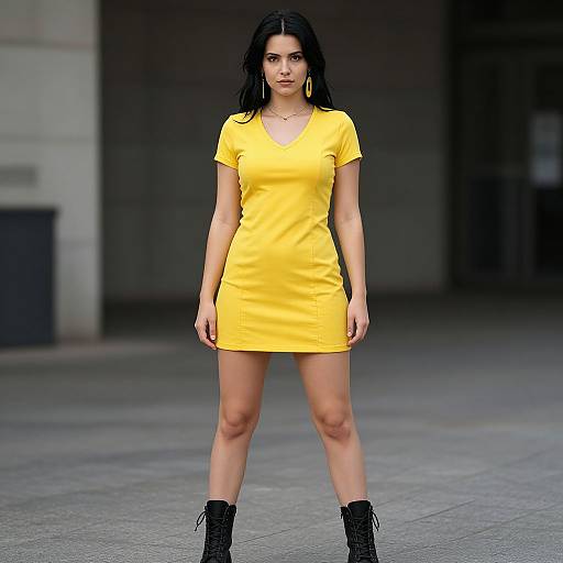 Photograph of a young woman with dark hair, wearing a bright yellow short-sleeve dress, black lace-up boots, and large yellow earrings,