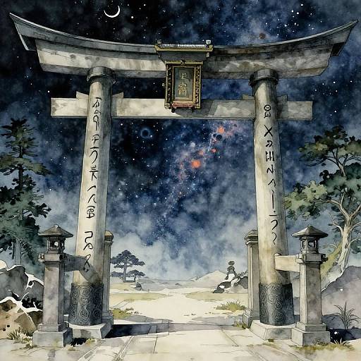 Digital painting of a traditional Japanese torii gate at night, with celestial sky, starry background, and moon, flanked by stone lanterns.