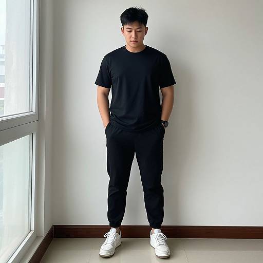Photograph of an Asian man with short black hair, wearing a black t-shirt, black pants, and white sneakers, standing against a white wall with