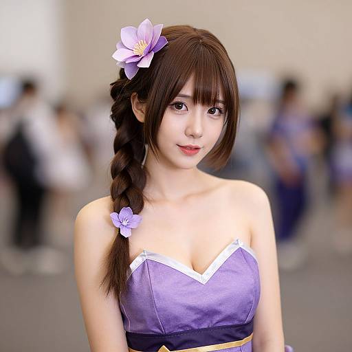 Photorealistic CGI of an Asian woman with long brown hair in a braid, wearing a lavender crop top with white trim, adorned with purple flowers