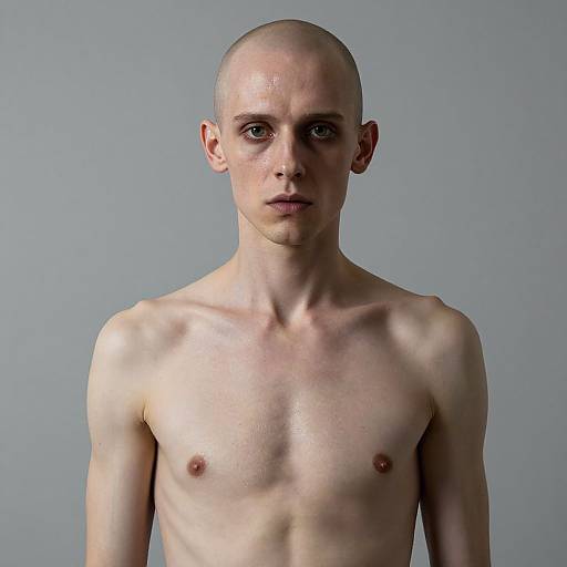 Photograph of a bald, pale-skinned, lean, androgynous person with small nipples, standing shirtless against a plain gray background.