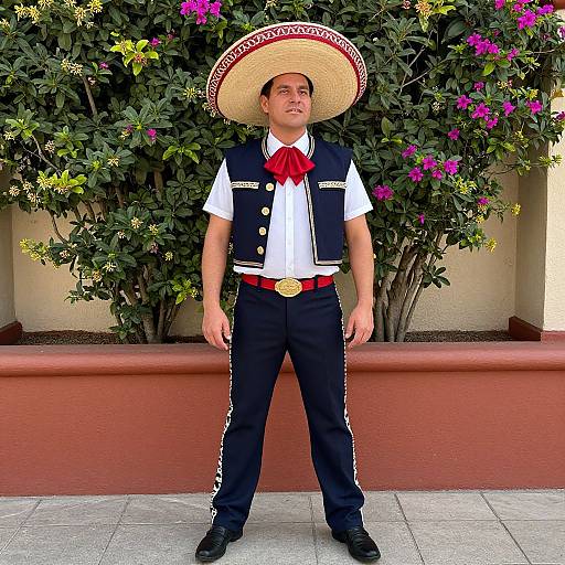 Photograph of a young man in a traditional Mexican outfit, black vest, white shirt, red bowtie, black pants, wide-brimmed hat