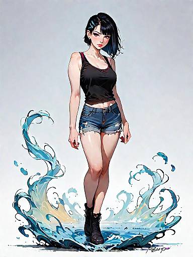 Young Woman in Casual Summer Outfit with Water Splash