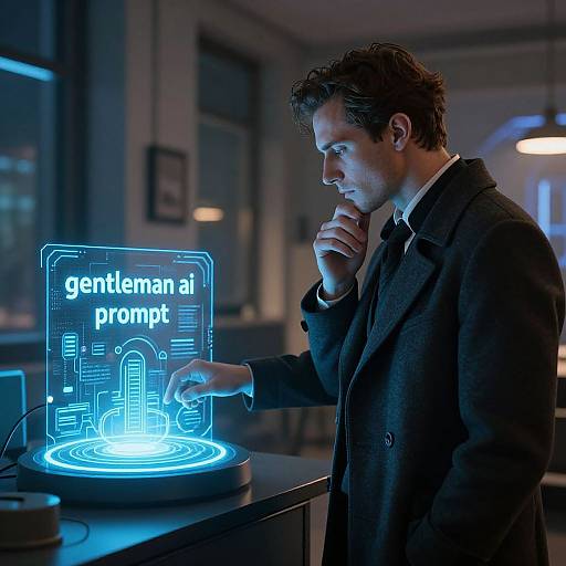Photograph of a focused, Caucasian man with curly brown hair in a dark suit, interacting with a glowing blue holographic screen displaying 