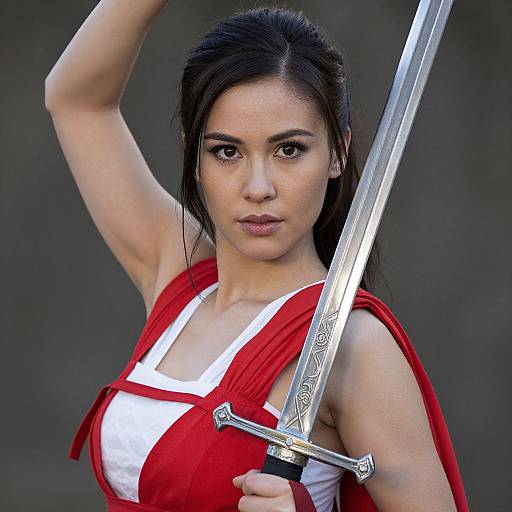 Photograph of a serious young woman with dark hair, holding a silver sword, wearing a red and white dress, against a dark background.