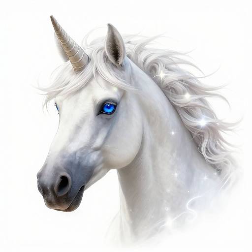 Digital artwork of a white unicorn with a spiraled horn, bright blue eyes, and flowing white mane, set against a white background.