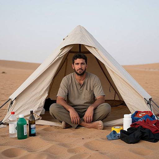 Photograph of a bearded man in beige clothing sitting cross-legged inside a white tent in a sandy desert, surrounded by camping supplies and clothes.