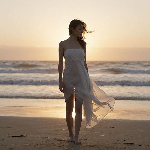 Photograph of a silhouetted woman in a flowing white dress standing on a beach at sunset, with waves in the background.