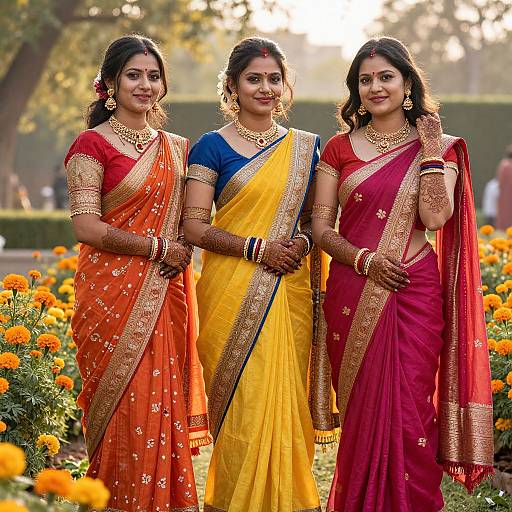 Photograph of three Indian women in vibrant sarees (orange, yellow, and red with gold trim) standing in a sunlit garden with marig