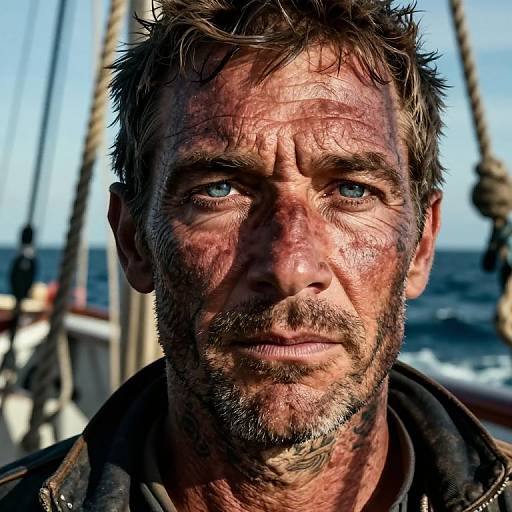 Close-up photograph of a rugged, dirt-covered, bearded man with blue eyes, messy brown hair, and intense expression, standing on a ship at