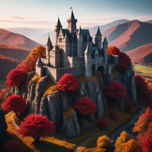 Cinematic Ancient Castle in Crimson Autumn