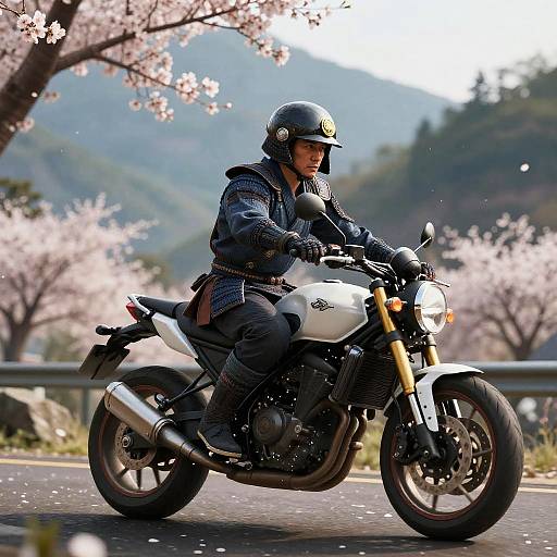 Photograph of a man in a black helmet and blue checkered jacket riding a white motorcycle through a cherry blossom-lined road.
