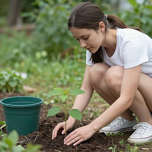 Photograph of a young woman with dark hair in a ponytail, wearing a white t-shirt and white sneakers, planting a small green plant in a