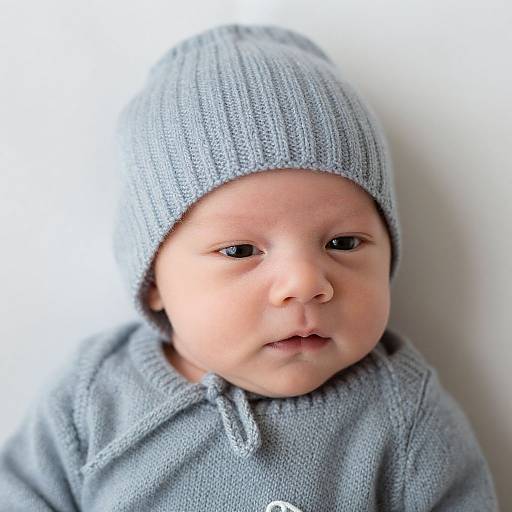 Photograph of a chubby, fair-skinned baby with light blue knit hat and matching hoodie, gazing slightly to the side against a plain white background