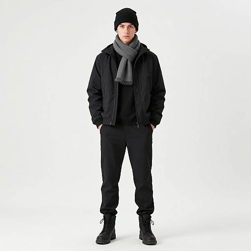 Photograph of a young man in all black winter attire, including beanie, scarf, jacket, pants, and boots, standing against a white background