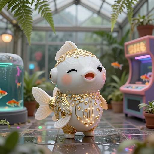 Porcelain Koi-Cybernetic Hybrid Figurine in Neon Greenhouse Arcade