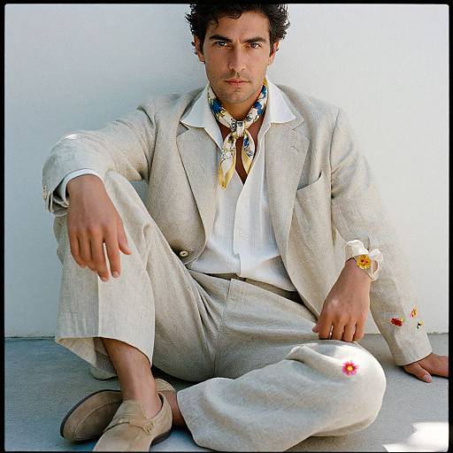 Man in Linen Suit with Floral Scarf
