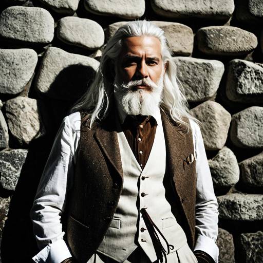 Vintage Man with White Hair and Beard by Stone Wall