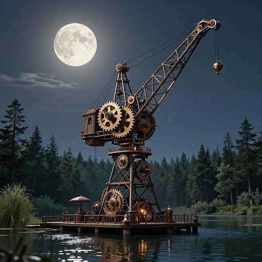 Steampunk Clockwork Crane by Moonlight