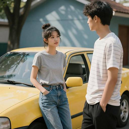Photograph of an Asian couple standing beside a yellow car; woman in grey t-shirt and high-waisted jeans, man in white striped shirt and