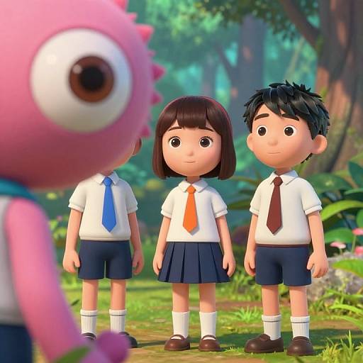 Anime School Kids with Pink Monster