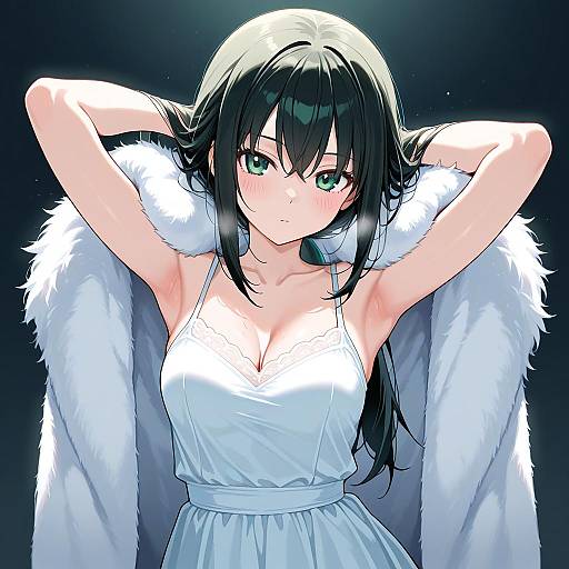 Anime-style digital drawing of a blushing, green-eyed girl with black hair, wearing a white, sleeveless dress and a fur-trimmed coat