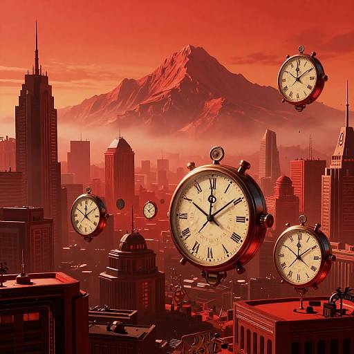 Photograph-style digital art: Giant, floating clock faces hover above a red-hued cityscape with towering skyscrapers and a distant mountain, creating