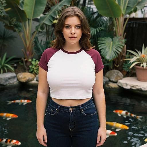 Photograph of a young woman with medium brown hair, wearing a white and maroon raglan shirt, dark jeans, standing in front of a k