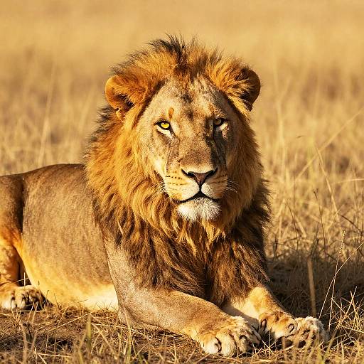 Majestic Lion Resting in Sunlit Grass Field