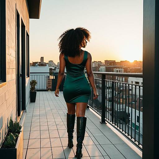 Woman in Emerald Green Dress Walking on Rooftop Balcony