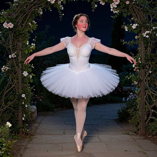 Photograph of a fair-skinned ballerina in a white tutu, lace bodice, and pink ballet slippers, en pointe,