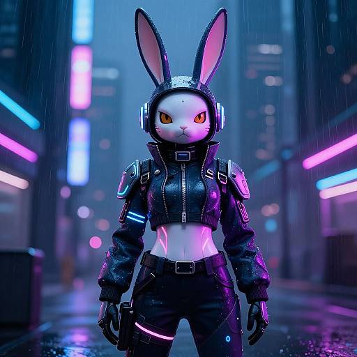 Digital art of a cyberpunk anthropomorphic rabbit with glowing eyes, wearing a futuristic black jacket and headphones, standing in a neon-lit, rainy city