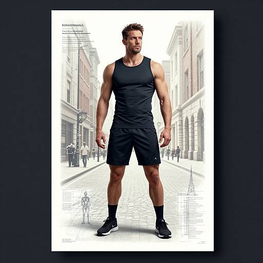 Photograph of a muscular, bearded man in a black tank top, shorts, and sneakers, standing in a white, urban street background.
