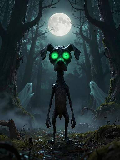 Digital art of a dark, eerie forest at night with a glowing full moon. A creepy, green-eyed, humanoid creature with dog ears stands center,