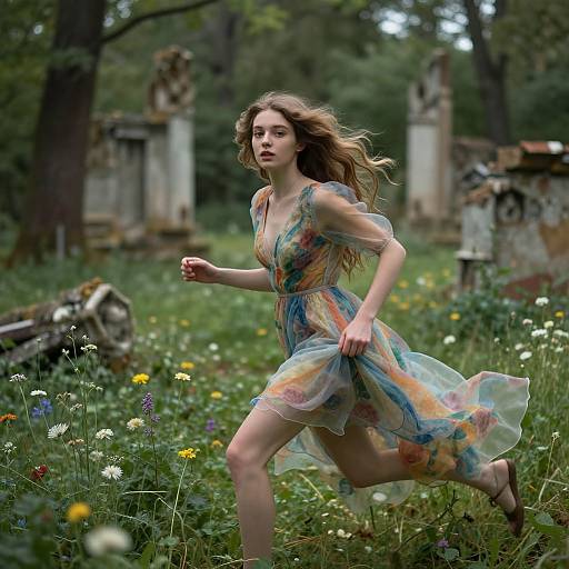 Photograph of a young woman with wavy brown hair, wearing a colorful, flowing dress, running through a wildflower-filled, overgrown cemetery.