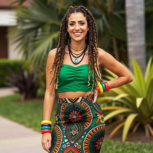 Confident woman with dreadlocks in colorful outfit outdoors