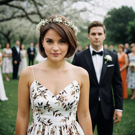 Bride in Floral Dress with Groom and Wedding Party Outdoors