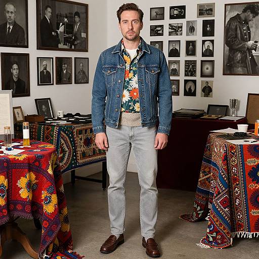 Photograph of a bearded man in a denim jacket, colorful floral shirt, and light jeans, standing in a gallery with black-and-white portraits,