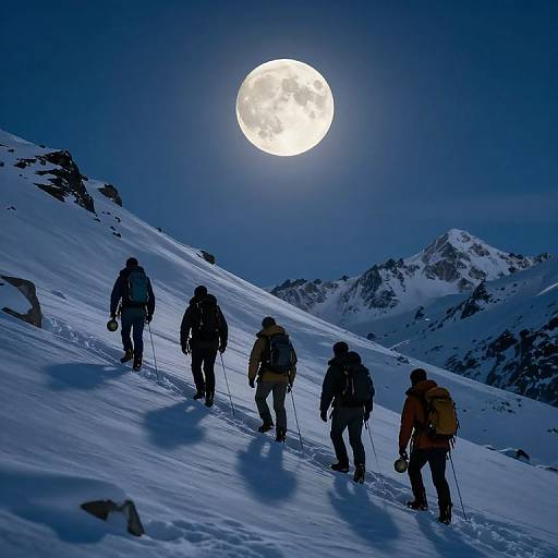 Photograph of five hikers with backpacks and ski poles climbing a snowy mountain under a bright full moon in a deep blue night sky.