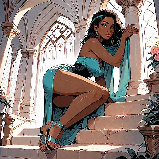 Elegant Woman in Strapless Dress on Stairs