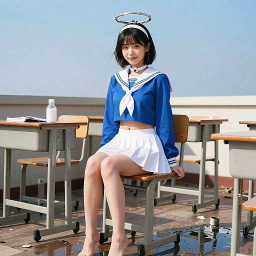 Digital anime-style drawing of a young woman in a blue sailor uniform and white skirt, sitting on a school desk, halo above her head, with a