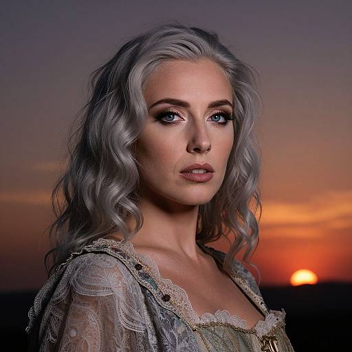 Photograph of a silver-haired woman with blue eyes, wearing a lace dress, against a sunset sky. Her expression is serious, with makeup highlighting her