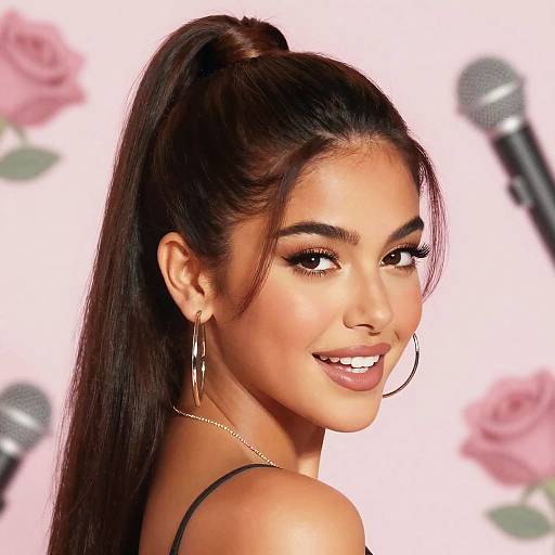 Photograph of a smiling woman with long dark hair in a high ponytail, wearing large hoop earrings, against a pink rose background with microphones.
