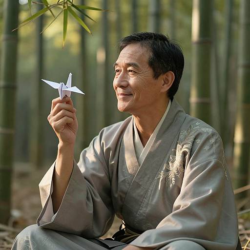 Photograph of an Asian man in a gray kimono, holding a white paper crane, sitting in a bamboo forest, smiling.